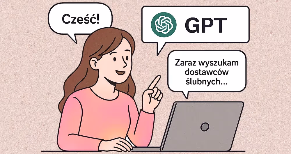 Ilustracja: kobieta przy laptopie planuje wesele z pomocą ChatGPT wyszukującego dostawców ślubnych