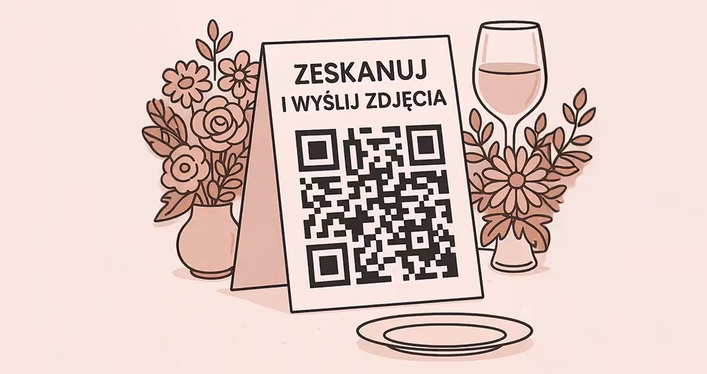 Ilustracja: stojak z kodem QR do cyfrowej księgi gości z napisem Zeskanuj i wyślij zdjęcia