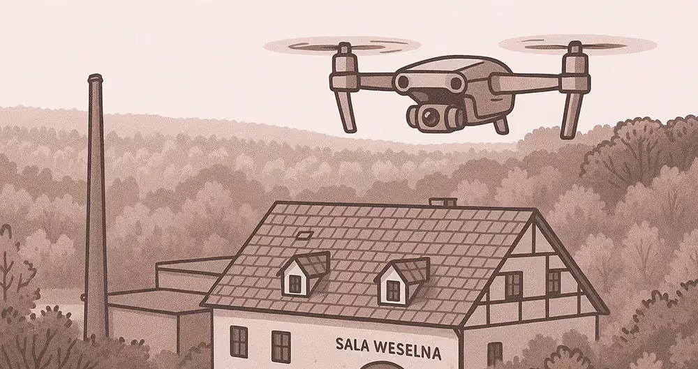 Ilustracja: dron z kamerą filmuje salę weselną z kominem wśród lasu
